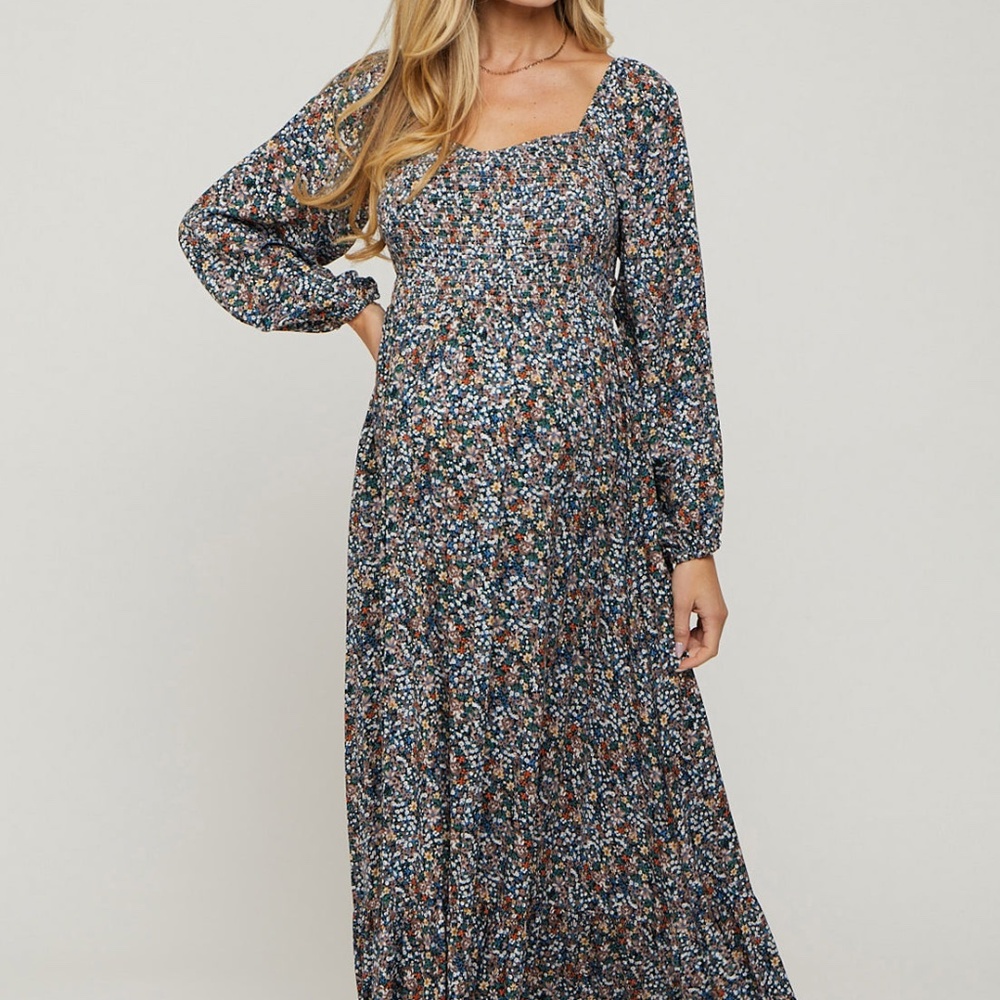 Maternity Navy Floral Long Sleeve Maxi Dress
